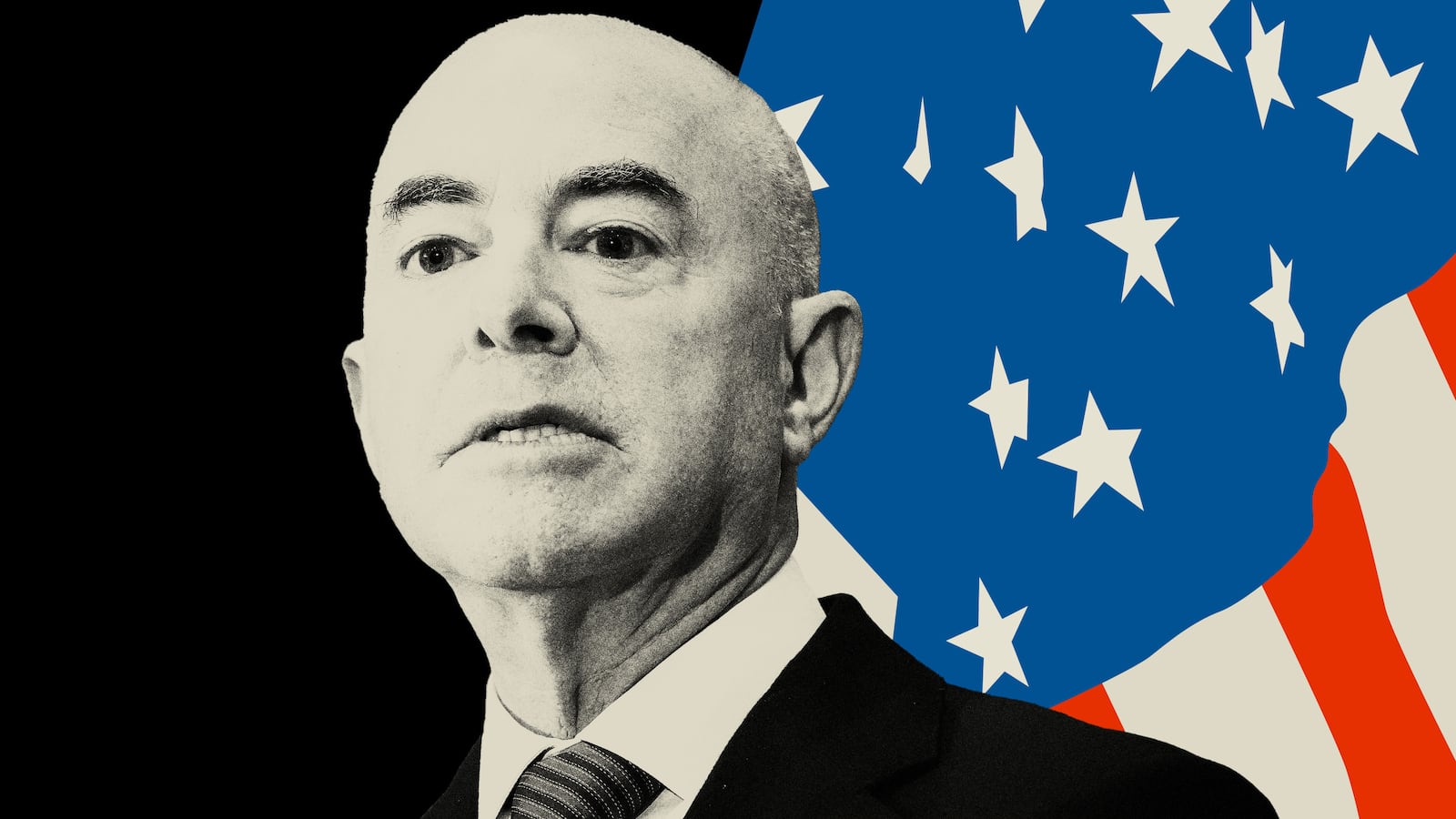 Photo illustration of Alejandro Mayorkas on a black background and with an American flag behind him