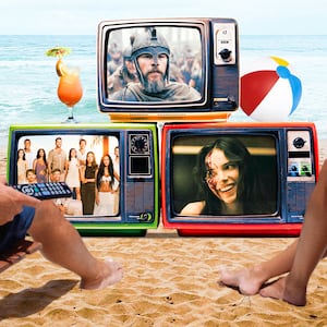 A photo illustration of a summer beach scene with televisions set showing Odyssey, Summer House, and Obsession.