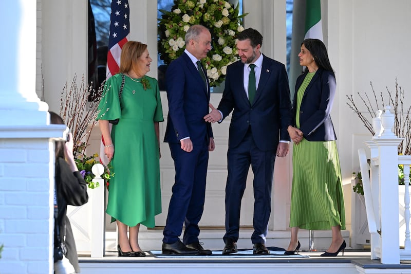 U.S. Vice President JD Vance and Second Lady Usha Vance greet the Taoiseach of Ireland Micheal Martin and his wife Mary O'Shea for a St. Patrick's Day breakfast at the Vice President's residence in the US Naval Observatory in Washington, U.S., March 17, 2026. Roberto Schmidt/Pool via REUTERS