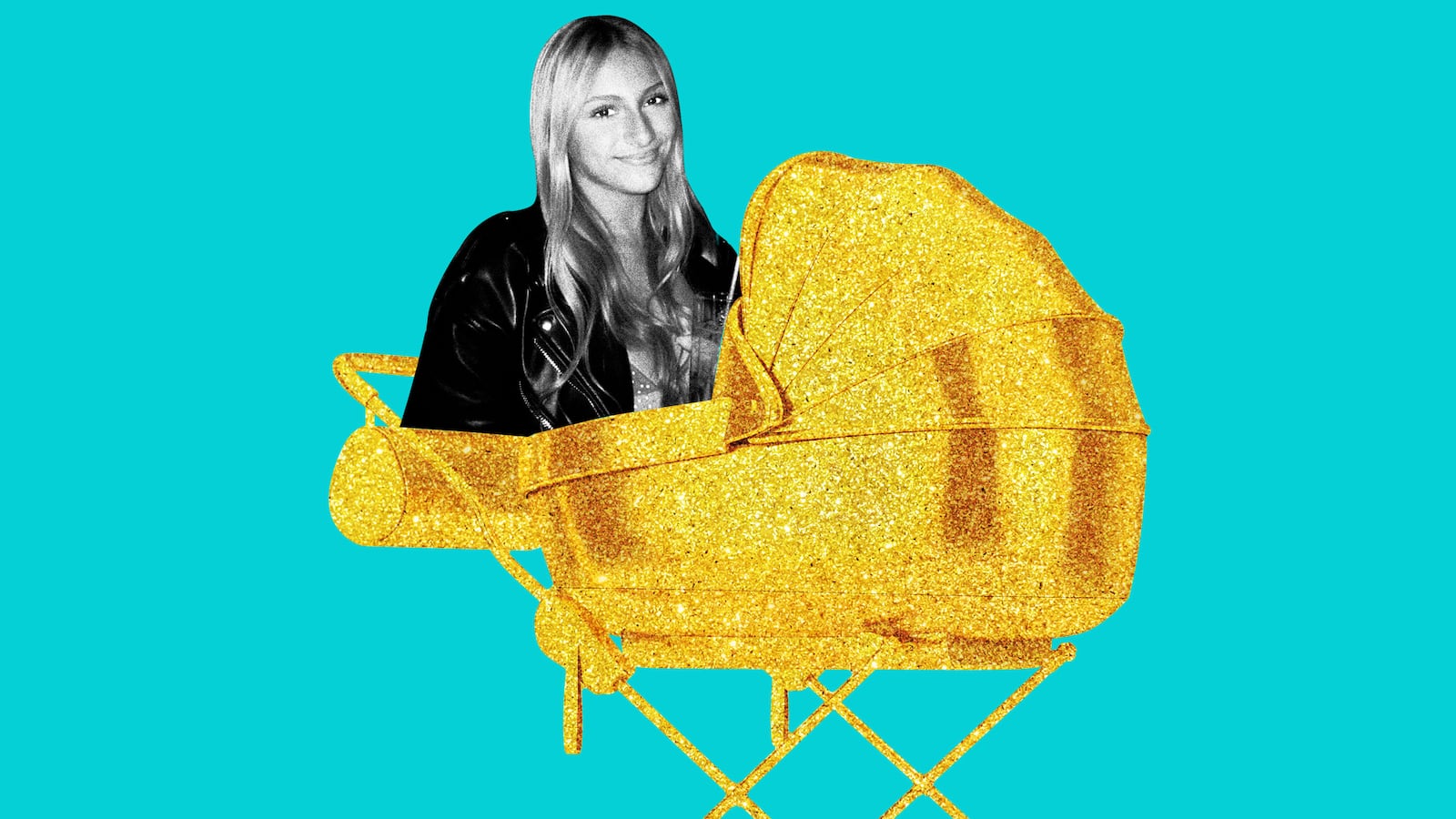 An illustration including a photo of Camila Galavis and a golden stroller