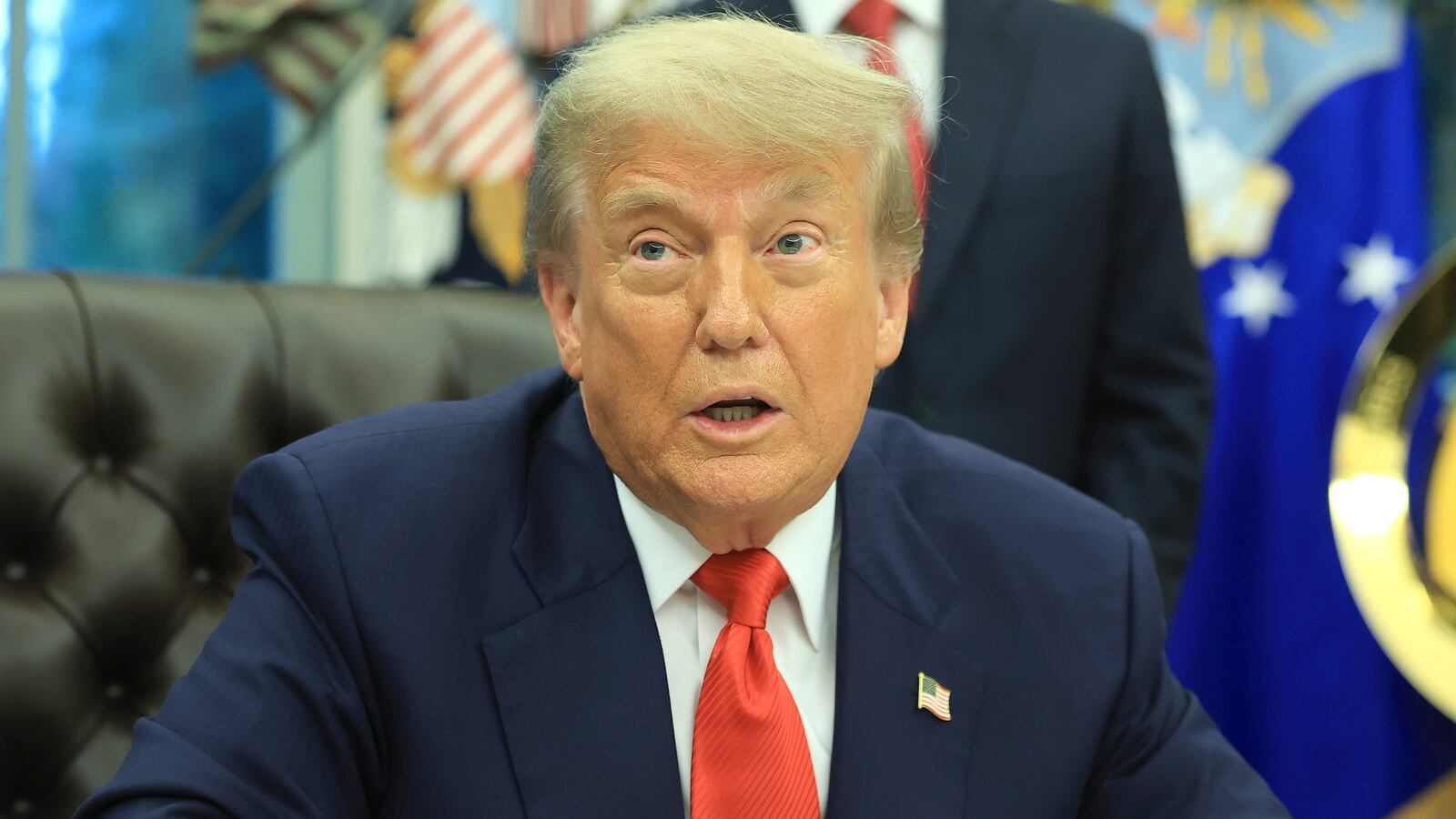WASHINGTON, DC - JUNE 27: U.S. President Donald Trump delivers remarks as he meets with Minister of Foreign Affairs and Cooperation of Rwanda Olivier Nduhungirehe and the Foreign Minister of the Democratic Republic of the Congo Thérèse Kayikwamba Wagner in the Oval Office at the White House on June 27, 2025. The meeting took place as a peace agreement brokered by the White House, which hopes to end a conflict in eastern Democratic Republic of Congo, was signed by officials of the two African nations. (Photo by Joe Raedle/Getty Images)