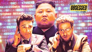 A photo illustration of James Franco, Kim Jong Un, and Seth Rogen.