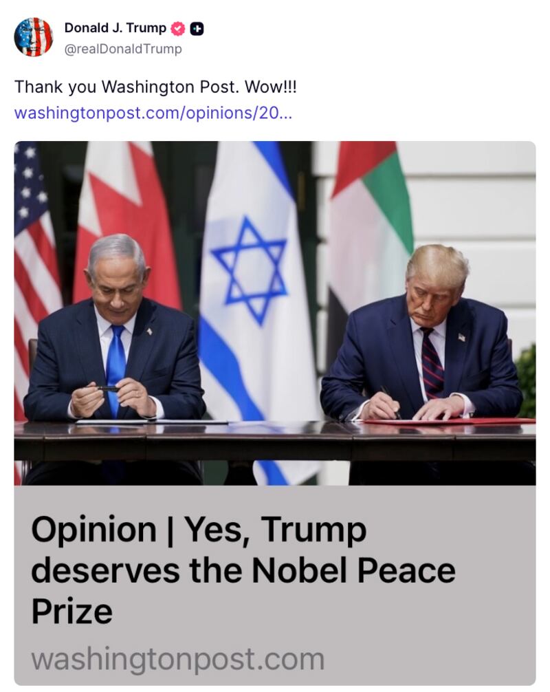 Donald Trump Truth Social post about Nobel Peace Prize