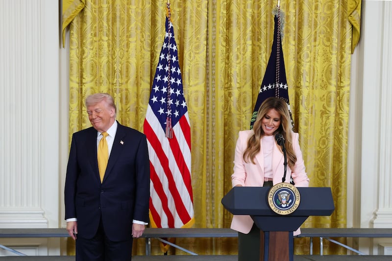 First lady Melania Trump gives remarks before introducing President Donald Trump during a military mothers celebration in the East Room of the White House on May 6, 2026.