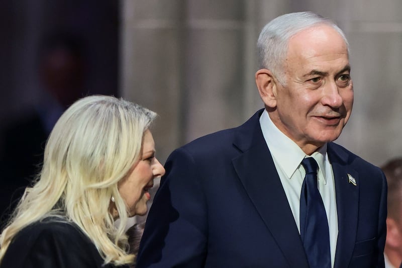 Israeli Prime Minister Benjamin Netanyahu with his wife Sara on the day of the funeral service for late U.S. Senator Lindsey Graham (R-SC) at Washington National Cathedral in Washington, D.C., U.S., July 28, 2026.