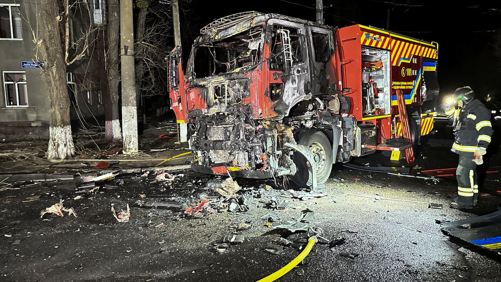 A damaged fire truck is seen at the site of a Russian drone strike, amid Russia's attack on Ukraine, in Kharkiv, Ukraine April 4, 2024.
