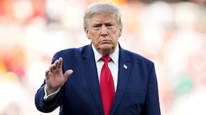 President Donald Trump look on before presenting the FIFA World Cup Winner's Trophy to Spain after the Final - FIFA World Cup 2026 match between Spain and Argentina at New York New Jersey Stadium on July 19, 2026 in East Rutherford, New Jersey.