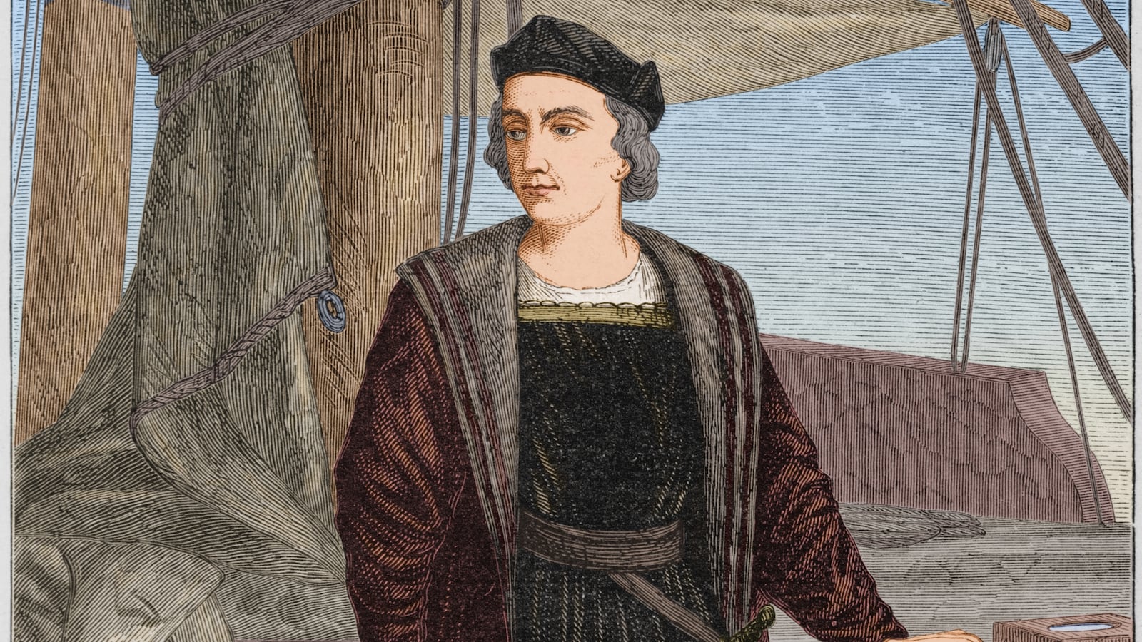 Art depicting Christopher Columbus on a ship.