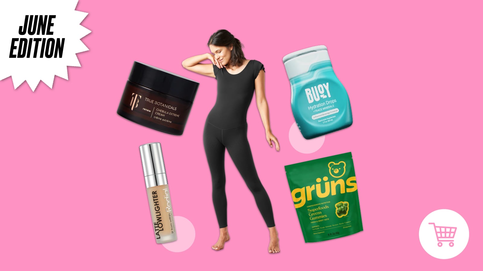 Five products on a pink background. There is a dark purple container of cream, a lipstick-shaped container of makeup, a woman wearing a black bodysuit, a green bag, and a light blue container.