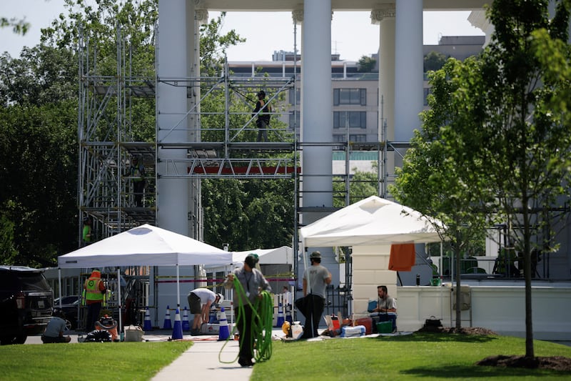 Workers set up scaffolding at the North Portico of the White House in Washington, D.C., U.S., June 30, 2026.