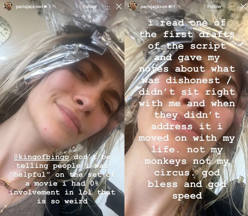 Paris Jackson's Instagram stories addressing Colman Domingo's comments.