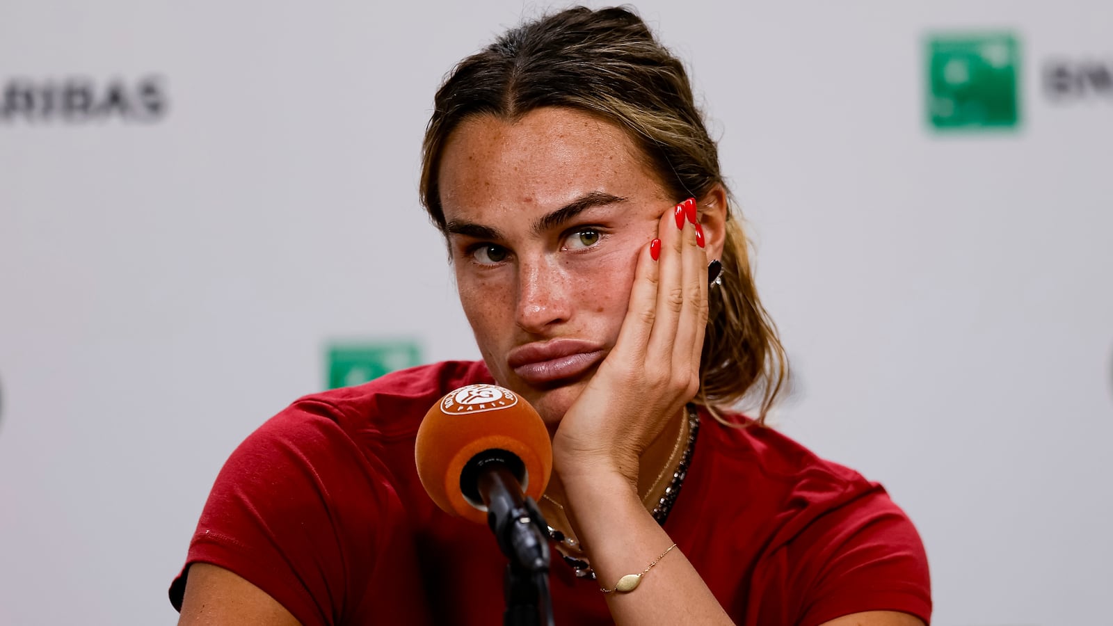 Aryna Sabalenka talks during a press conference at the 2026 French Open.