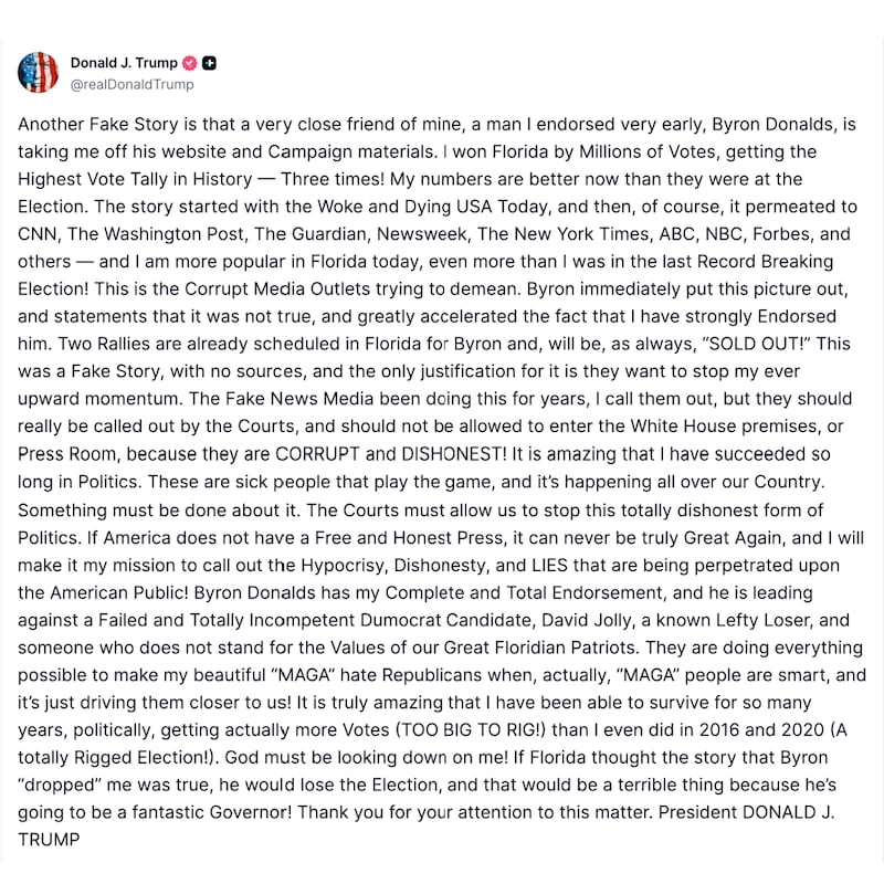 Donald Trump's furious protest post on Truth Social.