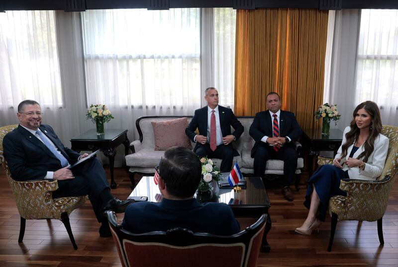 U.S. Homeland Security Secretary Kristi Noem meets with President of Costa Rica Rodrigo Chaves Robles (L) at the Casa Presidencial on June 25, 2025 in San Jose, Costa Rica. Noem continues her visits to several Central American countries today, meeting with political leaders and learning about immigration programs and facilities supported by the U.S. Department of Homeland Security, with a focus on U.S. security cooperation initiatives in the region. The officials were joined by Corey Lewandowski, Special Government Employee and Advisor, and Mike Flores, Chargé D’Affaires of the U.S. Mission to Costa Rica.
