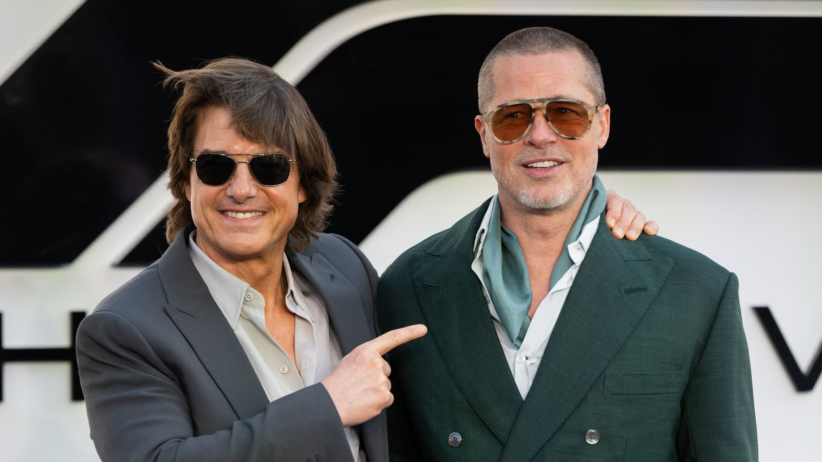 LONDON, ENGLAND - JUNE 23: Tom Cruise and Brad Pitt attend the "F1: The Movie" European Premiere at Cineworld Leicester Square on June 23, 2025 in London, England. (Photo by Samir Hussein/WireImage)