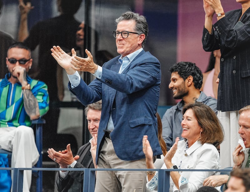 NEW YORK, NY - SEPTEMBER 6: Stephen Colbert and Evelyn McGee Colbert are seen at Day 14 of the 2025 US Open Tennis Championships at USTA Billie Jean King National Tennis Center on September 6, 2025 in Flushing Meadows, Queens, New York City.  (Photo by XNY/Star Max/GC Images)