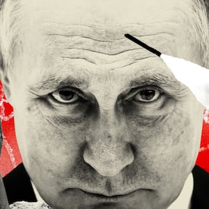 Vladimir Putin with missiles around him on a red background