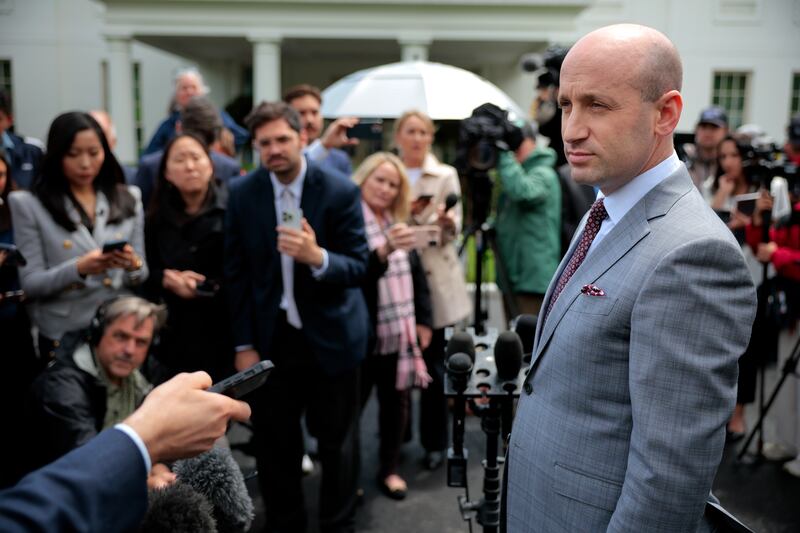 WASHINGTON, DC - MAY 09: White House Deputy Chief of Staff Stephen Miller talks to reporters outside of the White House West Wing on May 09, 2025 in Washington, DC. Miller talked about recent federal court rulings on immigration, calling them part of a "judicial coup" against the administration of President Donald Trump. (Photo by Chip Somodevilla/Getty Images)