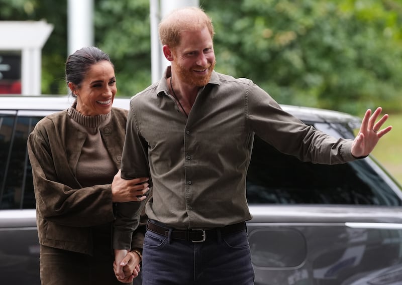 Prince Harry, Duke of Sussex, and Meghan, Duchess of Sussex, arrive at the Australian National Veterans Arts Museum (ANVAM) in Southbank on April 14, 2026, in Melbourne, Australia.