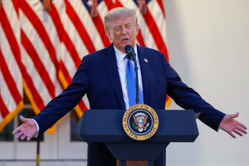 U.S. President Donald Trump speaks as he hosts a dinner in the Rose Garden at the White House on September 02, 2026 in Washington, DC.