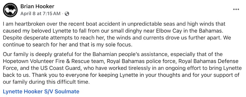 Hooker posted to Facebook right after his wife disappeared. Brian Hooker/Facebook.