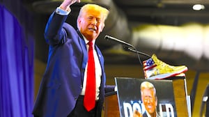 Donald Trump takes the stage to introduce a new line of signature shoes at Sneaker Con at the Philadelphia Convention Center on February 17, 2024 in Philadelphia, Pennsylvania.