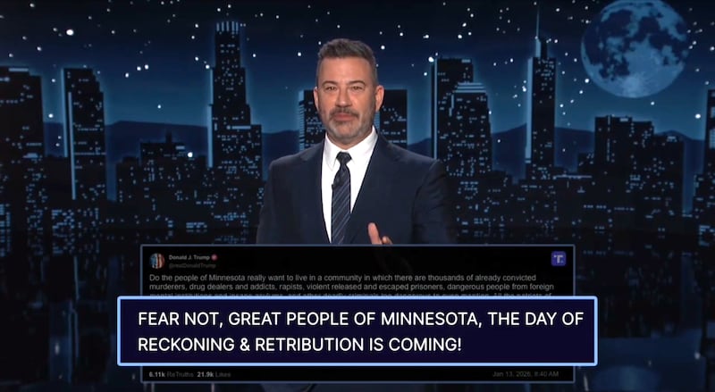 Jimmy Kimmel Live! Kimmel reading a Trump Truth Social post.