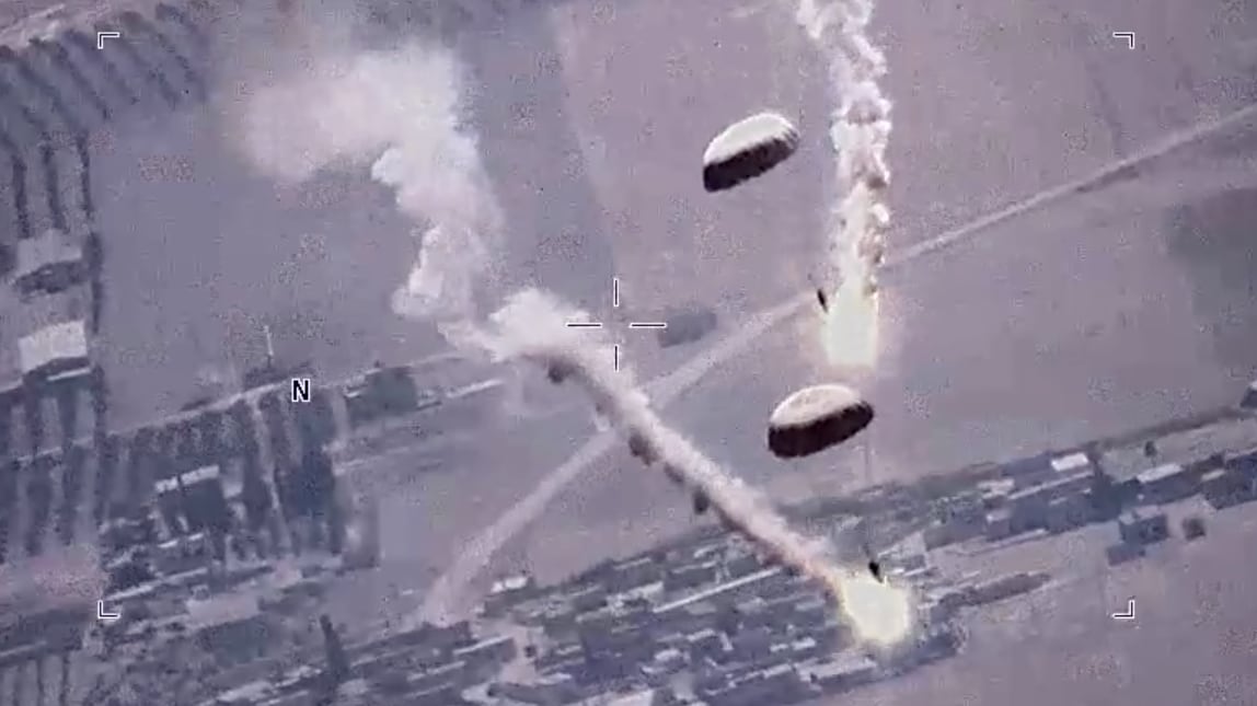 Footage showing flares released by a Russian SU-35 fighter jet in the flightpath of a U.S. MQ-9 Reaper drone over Syria.