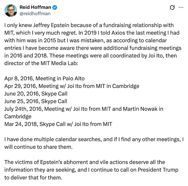 Reid Hoffman X post about Jeffrey Epstein