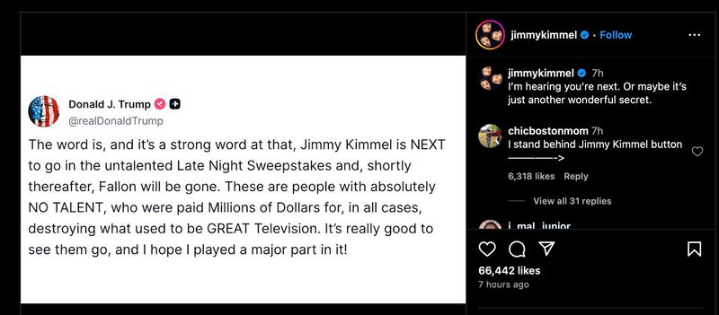 Jimmy Kimmel Instagram post lashing out at Donald Trump