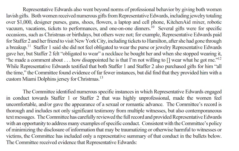 An excerpt of the 25-page report detailing just a few of the acts that Edwards' staffers say made them uncomfortable.