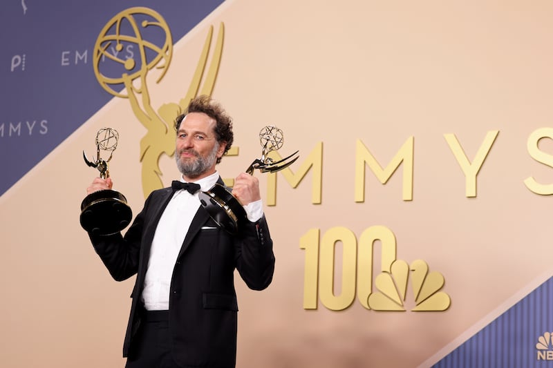 Matthew Rhys, winner of the Outstanding Lead Actor in a Comedy Series Award for "Widow's Bay" and winner of the Outstanding Lead Actor in a Limited or Anthology Series or Movie Award for "The Beast in Me," poses in the press room during the 78th Annual Primetime Emmy Awards held at the Peacock Theater on September 14, 2026.