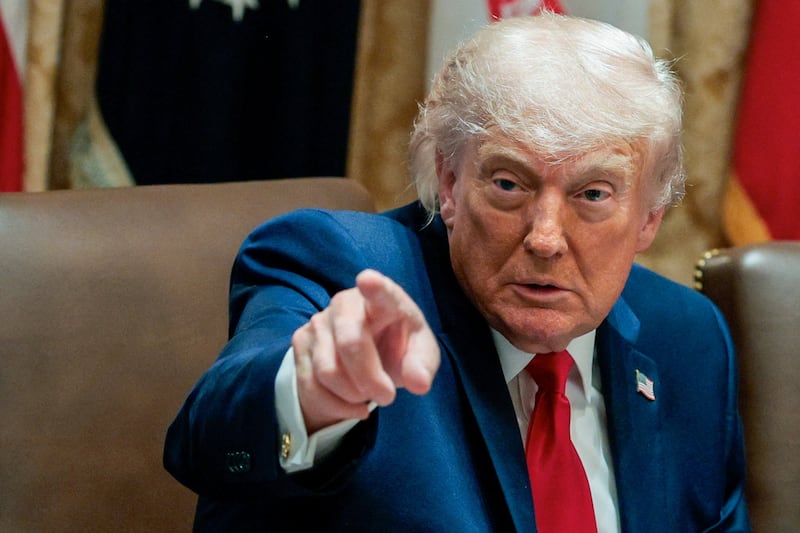 President Donald Trump points his finger during a cabinet meeting in the Cabinet Room at the White House in Washington, D.C., on May 27, 2026.