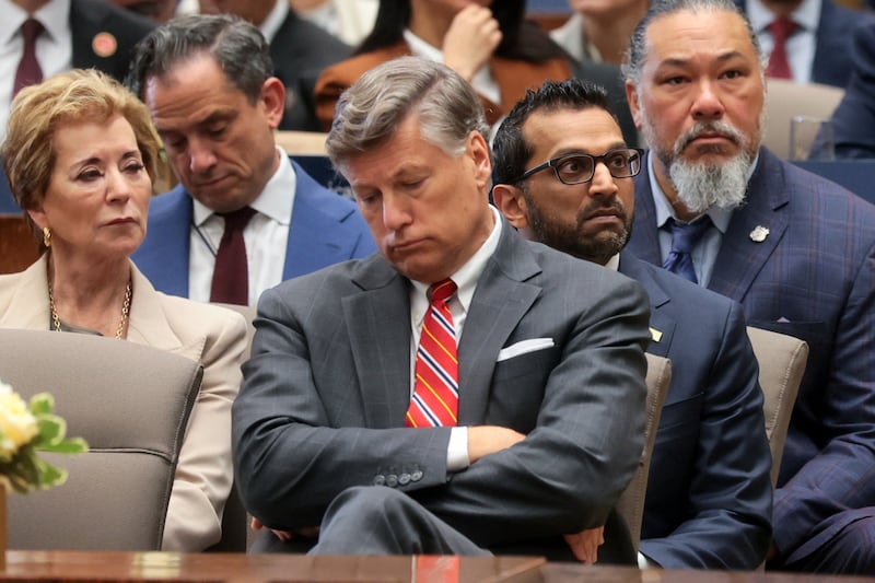 U.S. Secretary of Education Linda McMahon, Deputy Secretary of State Christopher Landau and FBI Director Kash Patel listen to remarks by Secretary of State Marco Rubio during a ministerial meeting on political violence, at the State Department in Washington, D.C., U.S., July 16, 2026. REUTERS/Jonathan Ernst