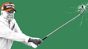 Donald Trump looking nervous while golfing and breaking glass