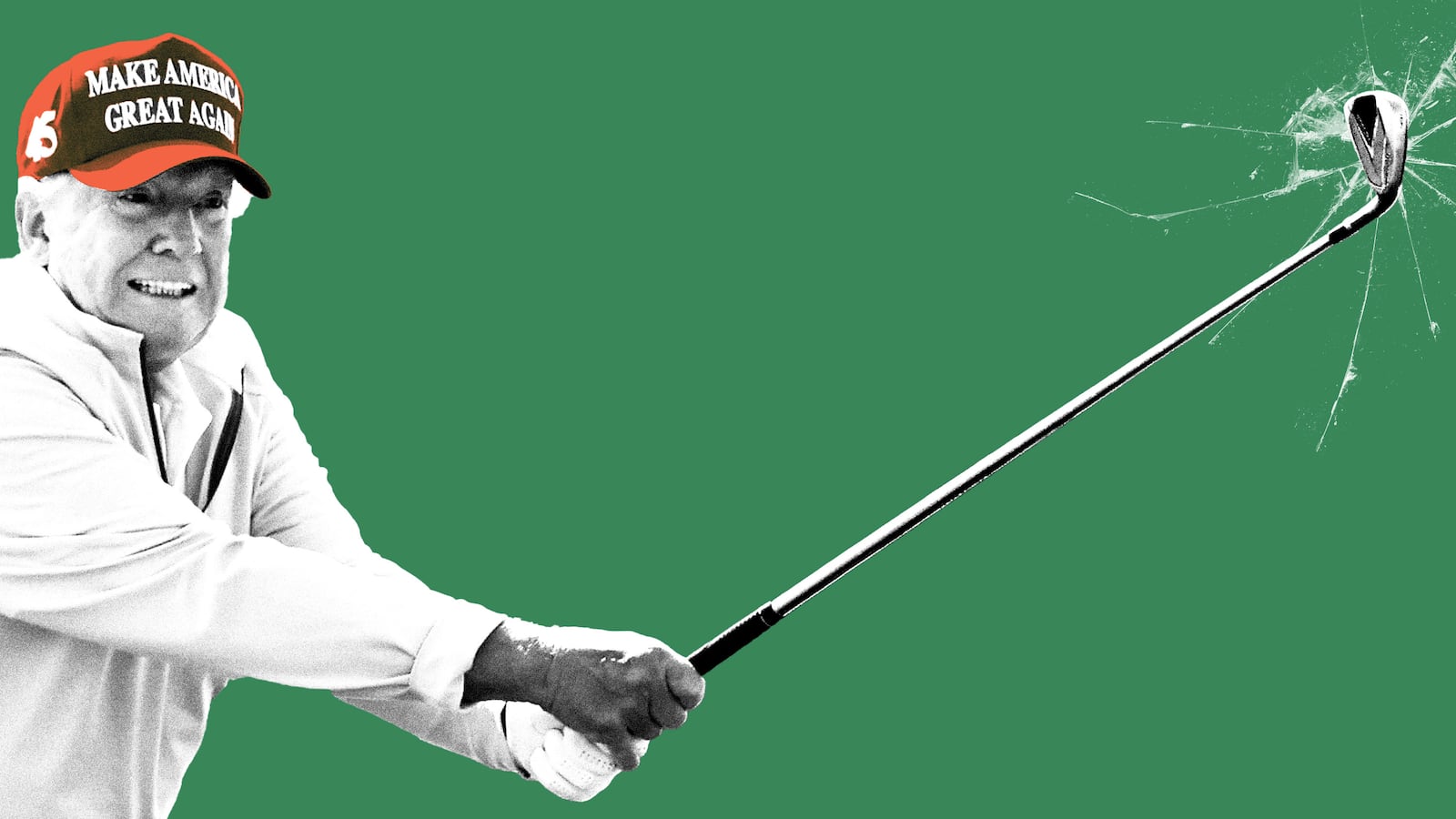 Donald Trump looking nervous while golfing and breaking glass