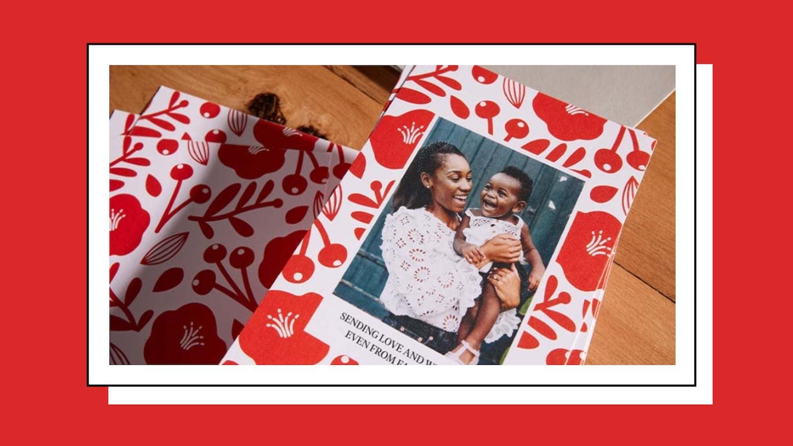 Holiday card featuring a photo of a family.