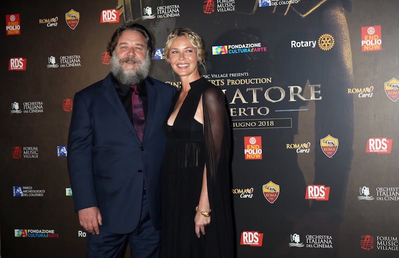 Russell Crowe and Connie Nielsen attend the 'Il Gladiatore In Concerto' charity night at Colosseum on June 6, 2018 in Rome, Italy.