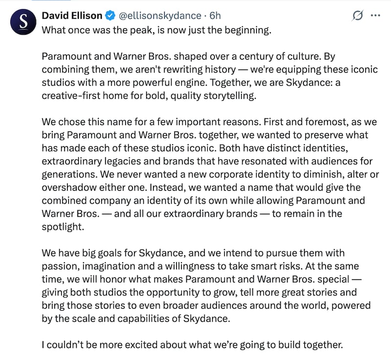 David Ellison announced he would call his Paramount-Warner Bros. conglomerate, Skydance, in a lengthy tweet.