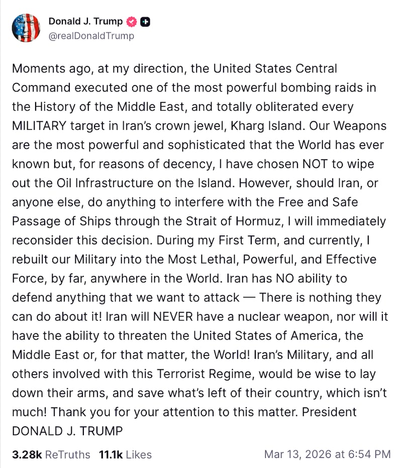 Trump announced a bombing raid on Iran's Kharg Island.