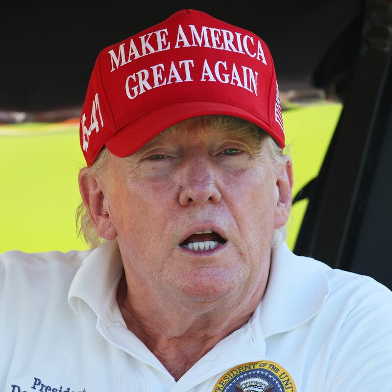 Former President Donald Trump is seen on the on the 15th hole during day one of the LIV Golf Invitational - Bedminster at Trump National Golf Club on Aug. 11, 2023 in Bedminster, New Jersey.