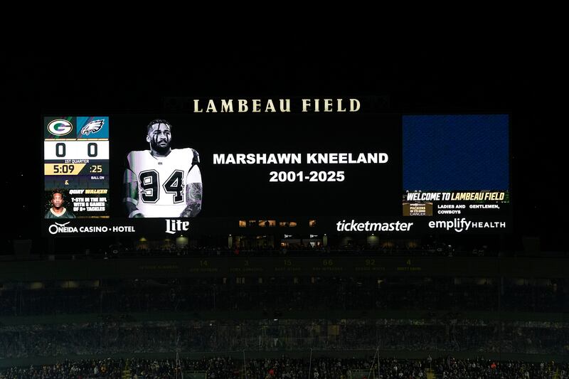 GREEN BAY, WISCONSIN - NOVEMBER 10:  A moment of silence is held for Marshawn Kneeland prior to the game between the Philadelphia Eagles and the Green Bay Packers at Lambeau Field on November 10, 2025 in Green Bay, Wisconsin. (Photo by Patrick McDermott/Getty Images)
