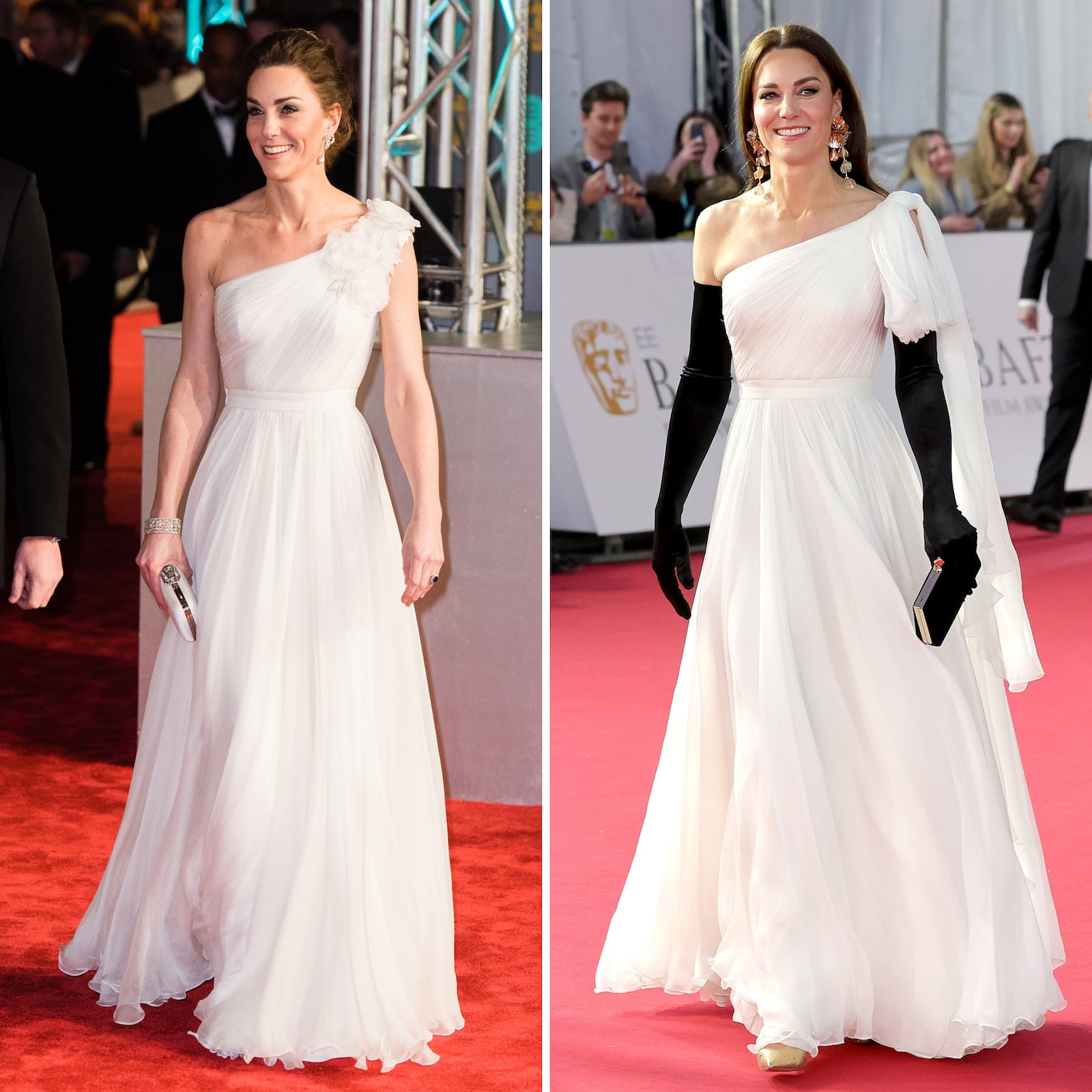 Princess Kate in Alexander McQueen at the BAFTA Awards in 2019 and 2023.