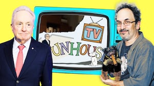 A photo illo illustration of Lorne Michaels and Robert Smigel and Triumph the Insult Comic Dog.