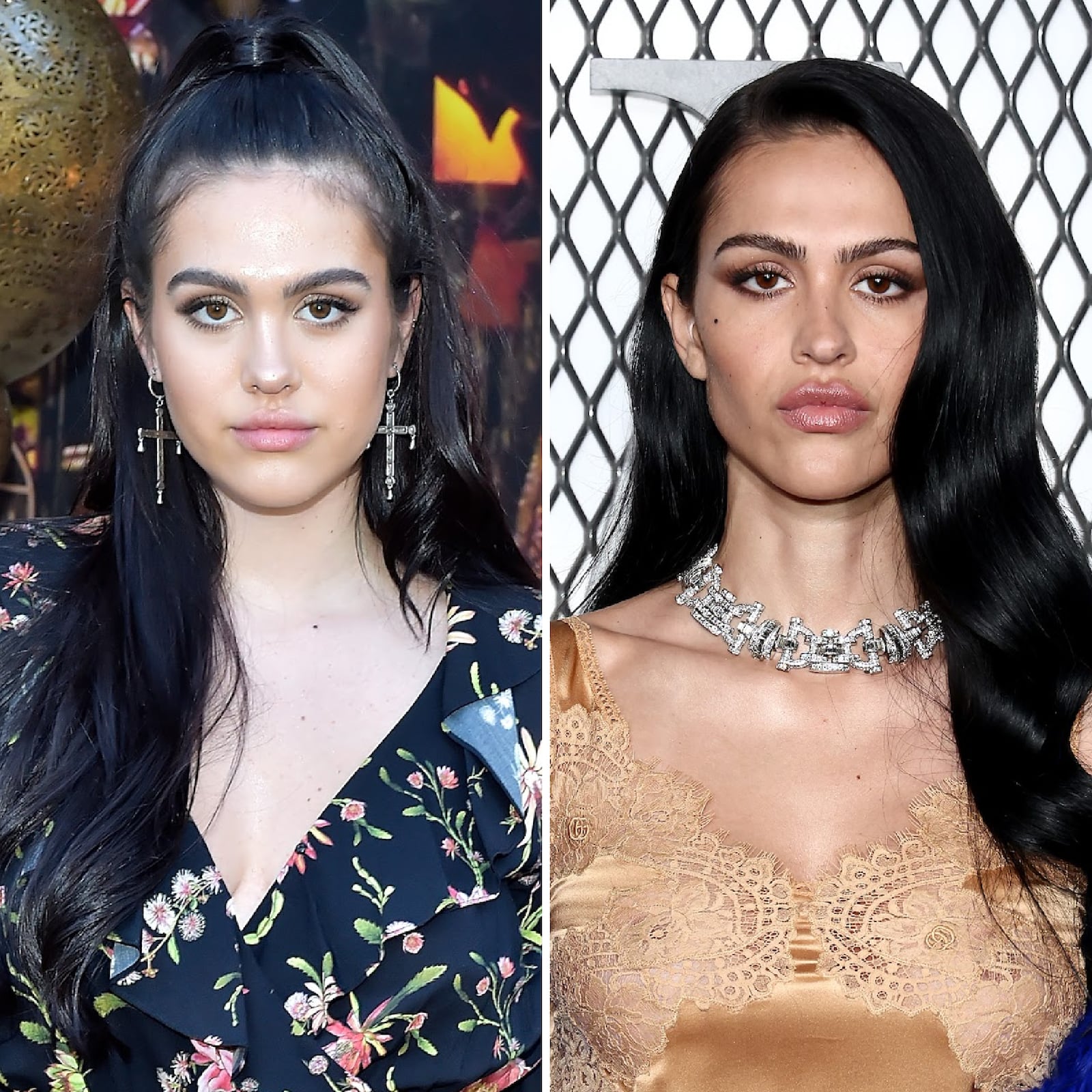 On the left, Amelia Gray Hamlin poses at a Palm Springs event in 2018; on the right, Hamlin walks the red carpet for the premiere of 'The Beauty' on January 14, 2026.