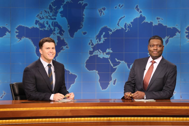 Anchor Colin Jost and anchor Michael Che during Weekend Update on Saturday, November 8, 2025.