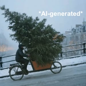Photo still of an AI-generated man riding a bicycle up a hill with a Christmas tree in the basket.