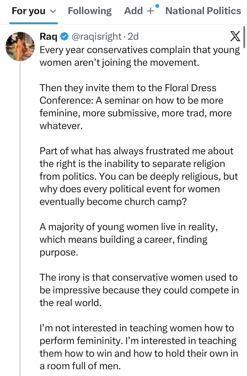 Screenshot of X. post by Raquel DeBono