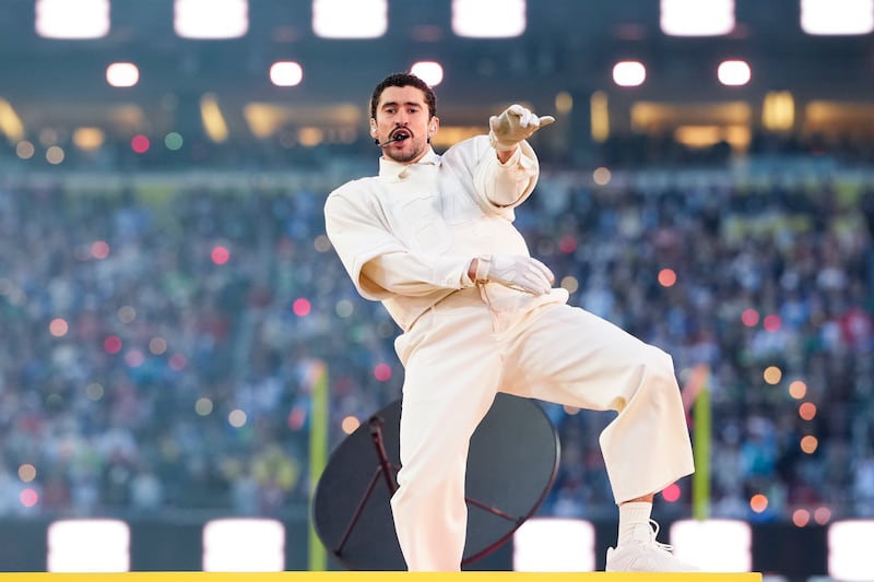 Bad Bunny performs during the Apple Music halftime show at the NFL Super Bowl LX