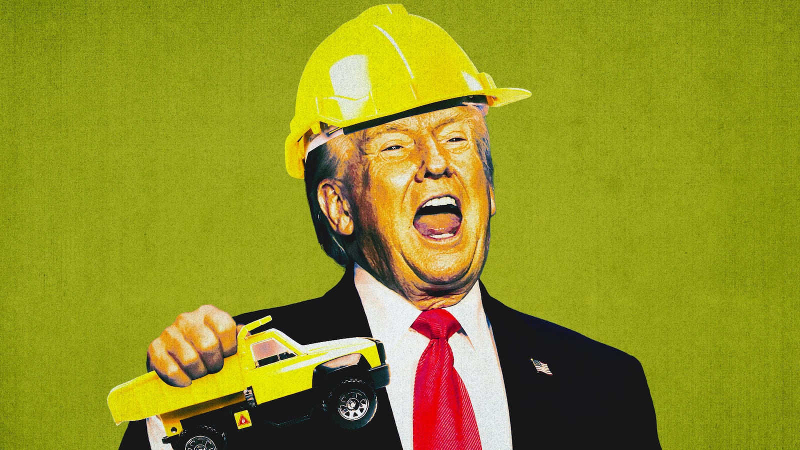 Donald Trump wearing a hard hat and holding a dump truck.